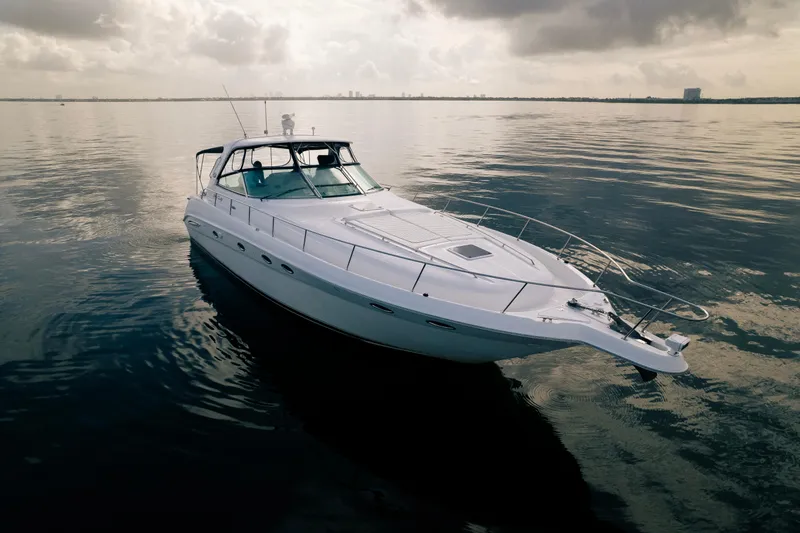 Decadance Yacht Photos Pics 2003 Sea Ray 460 Sundancer yacht on calm water under cloudy sky.