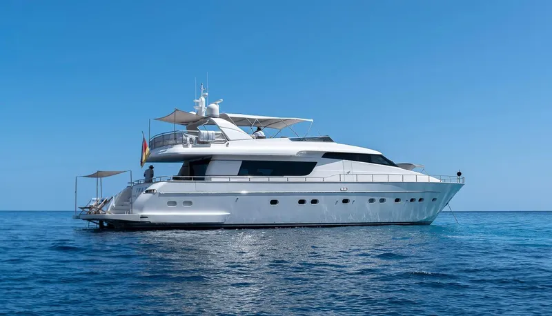 Easy Yacht Photos Pics Luxury Sanlorenzo 82 yacht from 2009 on calm blue sea under clear sky.
