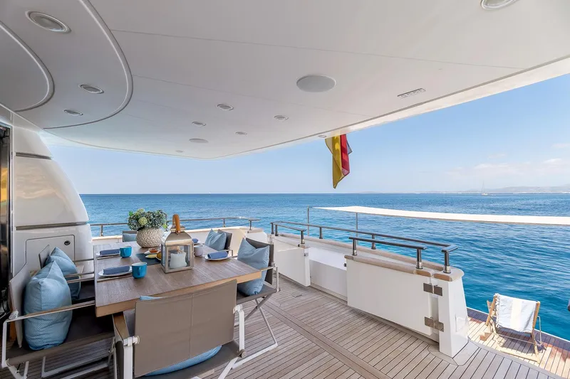 Easy Yacht Photos Pics Luxury Sanlorenzo 82 yacht deck with dining area, ocean view, and elegant furnishings, 2009 model.