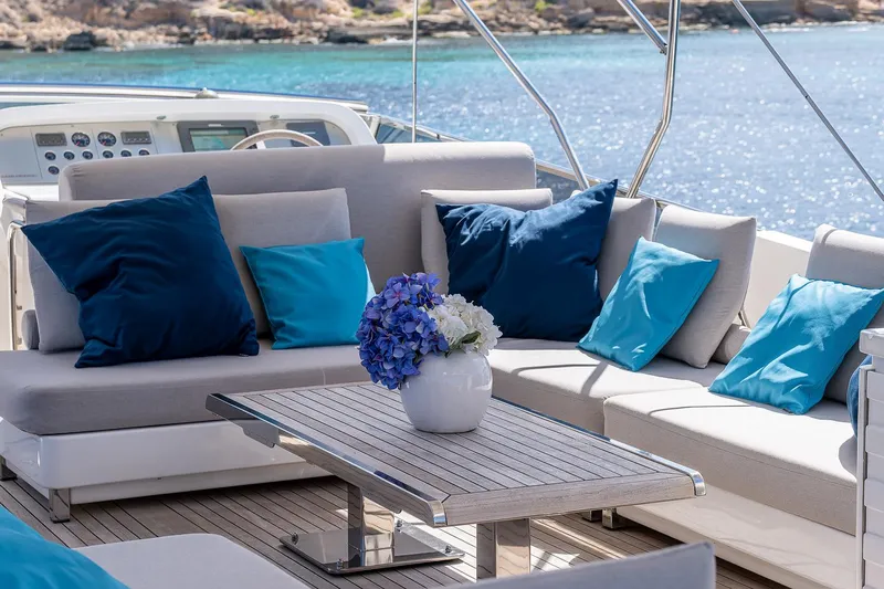 Easy Yacht Photos Pics Luxurious Sanlorenzo 82 yacht deck with elegant seating, blue cushions, and ocean view, 2009 model.