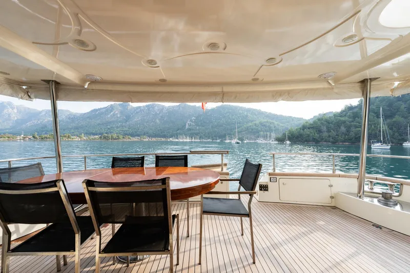 Senior S Yacht Photos Pics Luxury yacht Azimut 80's deck with scenic mountain and sea view, 2004 model.