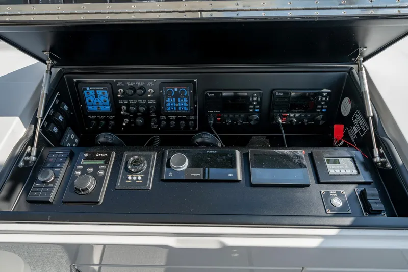 Pamela Yacht Photos Pics Control panel of 2024 Viking 48 Sport Tower with advanced navigation and communication systems.