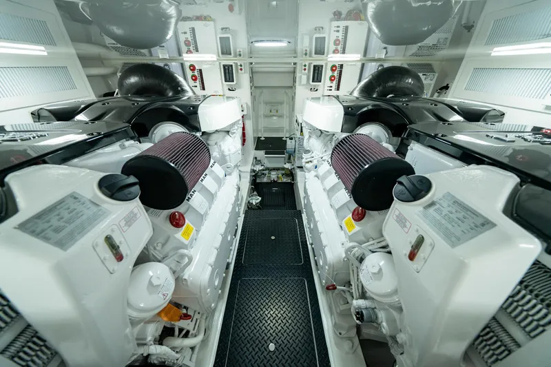 Pamela Yacht Photos Pics Engine room of 2024 Viking 48 Sport Tower, showcasing dual powerful engines.