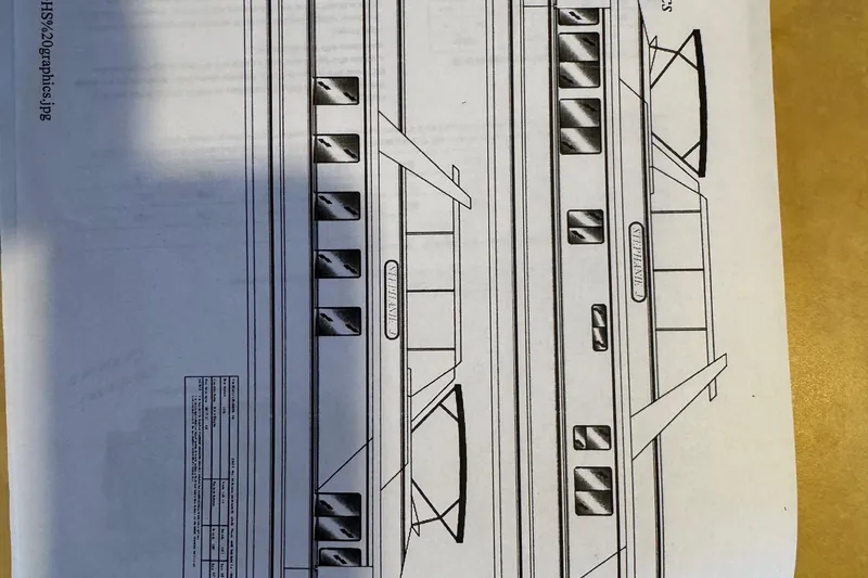  Yacht Photos Pics Blueprint of a 2004 Stardust Cruisers houseboat, showcasing side views and design details.