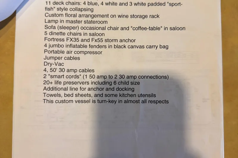  Yacht Photos Pics 2004 Stardust Cruisers houseboat equipment list, including deck chairs, fenders, and life preservers.