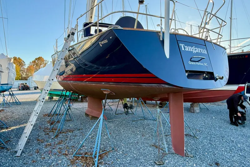 Tangaroa Yacht Photos Pics Sailboat Tartan 4000, 2015 model, on stands at a boatyard, Grace Harbor, NC.