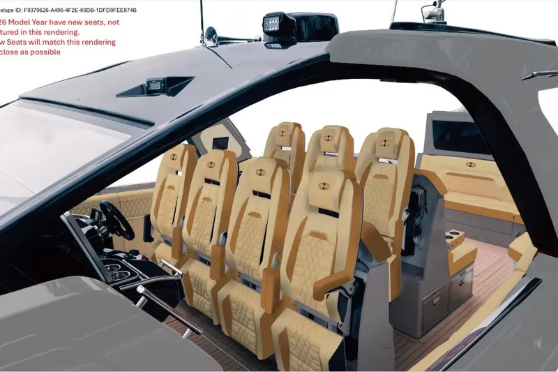 No Name Yacht Photos Pics 2026 Cigarette Thunder boat interior with luxurious tan seats and modern design.