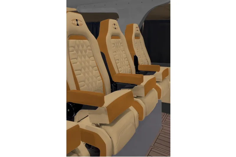 No Name Yacht Photos Pics Luxury seating in 2026 Cigarette Thunder boat, featuring beige and tan upholstery.