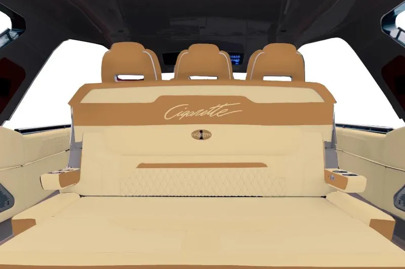 No Name Yacht Photos Pics Luxurious interior of 2026 Cigarette Thunder, featuring beige leather seats and elegant design.