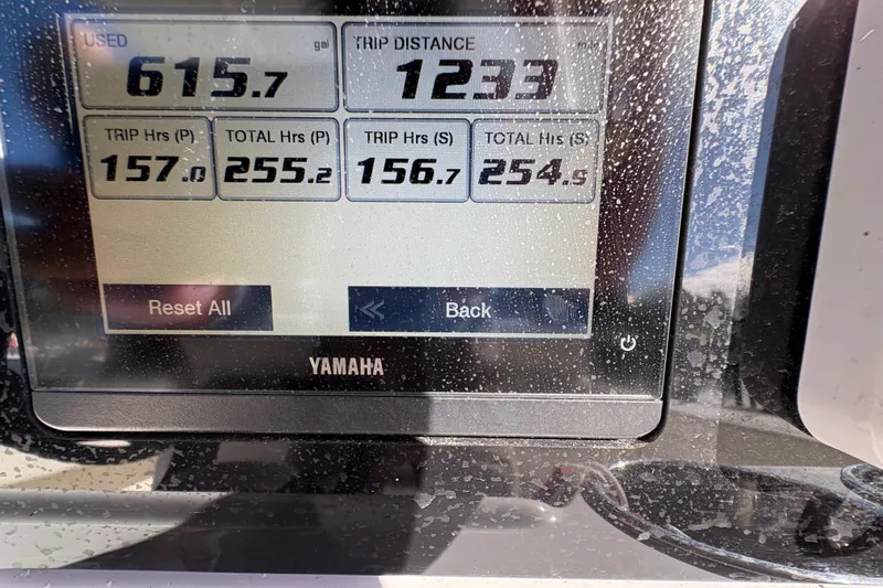  Yacht Photos Pics Yamaha display showing fuel usage and trip data on Cobia 280 Center Console, 2022 model.
