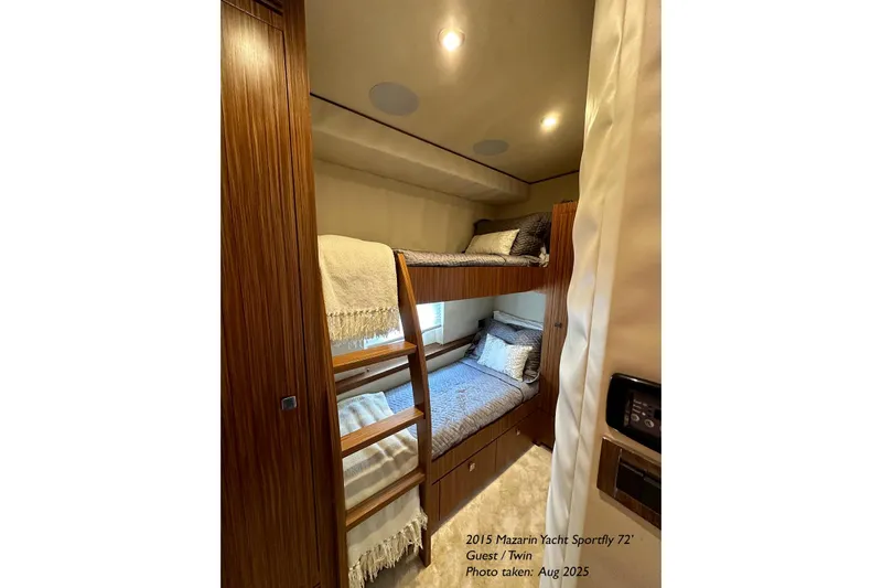  Yacht Photos Pics 2015 Mazarin 72 Sport Fly yacht guest cabin with twin bunk beds, cozy interior.
