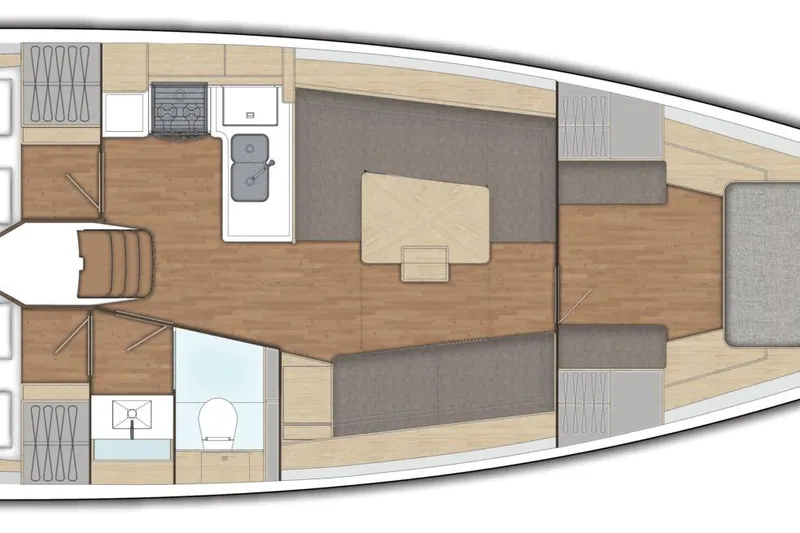 Katara Yacht Photos Pics 2023 X-Yachts X4³ MkII interior layout with kitchen, seating, and sleeping areas.