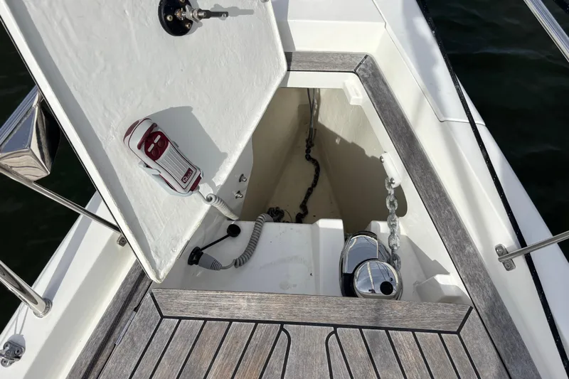Katara Yacht Photos Pics Anchor locker of 2023 X-Yachts X4³ MkII sailboat with chain and winch.