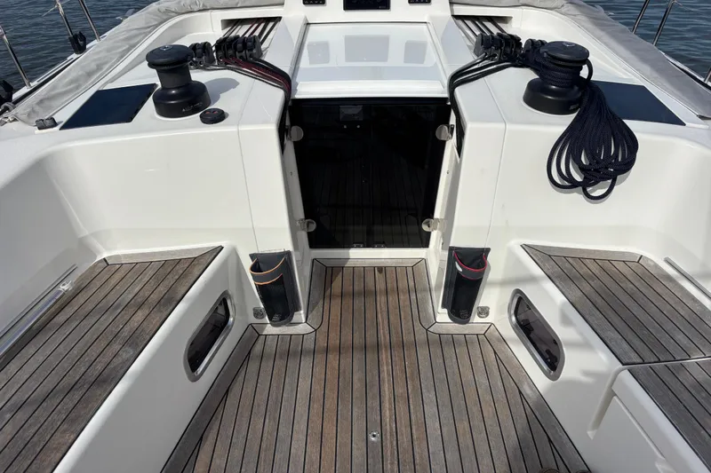 Katara Yacht Photos Pics 2023 X-Yachts X4³ MkII cockpit with teak flooring and winches.