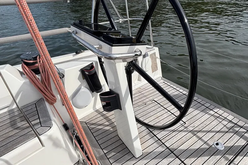 Katara Yacht Photos Pics 2023 X-Yachts X4³ MkII yacht steering wheel and deck detail.