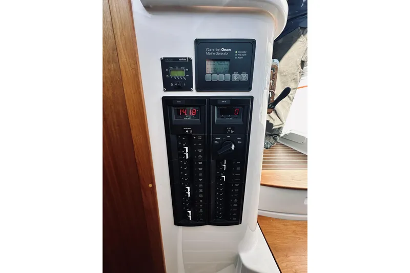 2021 Back Cove 37 Yacht Photos Pics Control panel of a 2021 Back Cove 37 boat with Cummins Onan marine generator.
