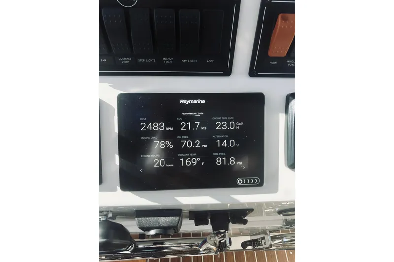 2021 Back Cove 37 Yacht Photos Pics Raymarine display on 2021 Back Cove 37 showing engine performance metrics.