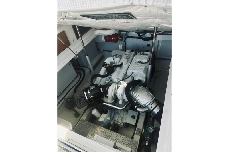 2021 Back Cove 37 Yacht Photos Pics Engine compartment of a 2021 Back Cove 37 boat, showcasing a clean, organized layout.