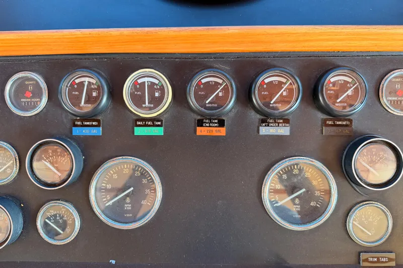 All The Way Yacht Photos Pics Control panel of a 1984 Hartman-Palmer 60 Flush Deck Motor Yacht with fuel and engine gauges.