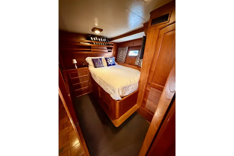 All The Way Yacht Photos Pics Luxurious wooden cabin interior of 1984 Hartman-Palmer 60 Flush Deck Motor Yacht.