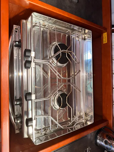 Wildflower III Yacht Photos Pics Stainless steel stove in 2016 Beneteau Oceanis 45 yacht kitchen.