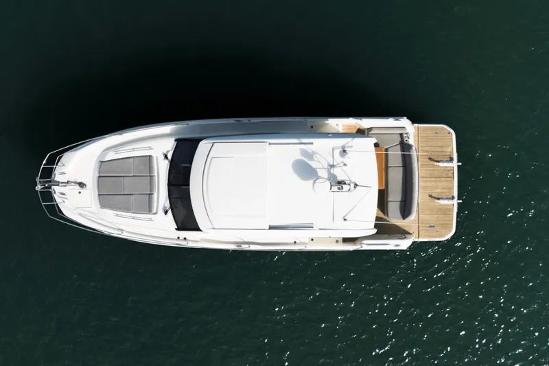  Yacht Photos Pics Overhead view of 2023 Prestige 420S yacht on water.