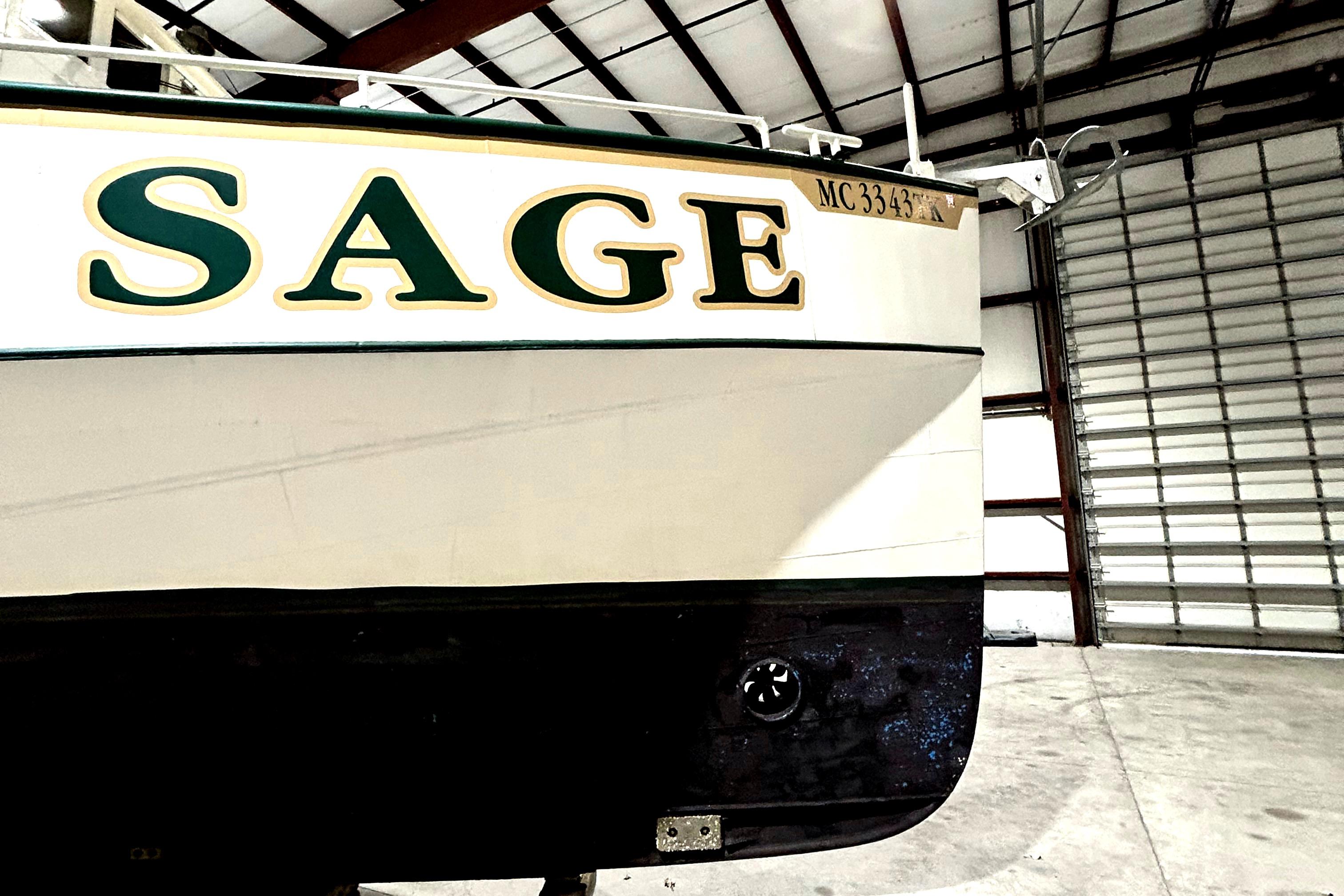 Custom 1993 Steel Trawler "SAGE" in storage facility.