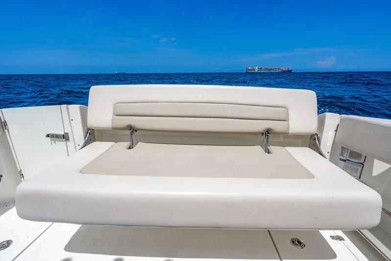  Yacht Photos Pics 2019 Boston Whaler 320 Vantage boat seat with ocean view in background.