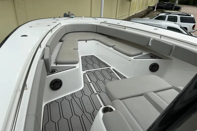 Thirty Percent Yacht Photos Pics 2021 Cape Horn 36 XS boat interior with gray seating and modern design.