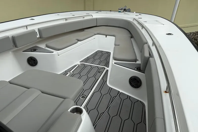 Thirty Percent Yacht Photos Pics 2021 Cape Horn 36 XS boat interior with cushioned seating and non-slip flooring.