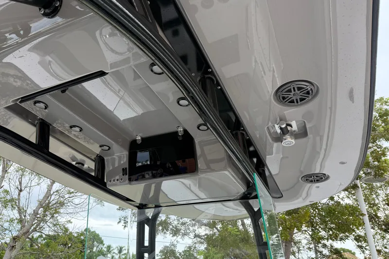 Thirty Percent Yacht Photos Pics 2021 Cape Horn 36 XS boat's overhead console with speakers and lighting.