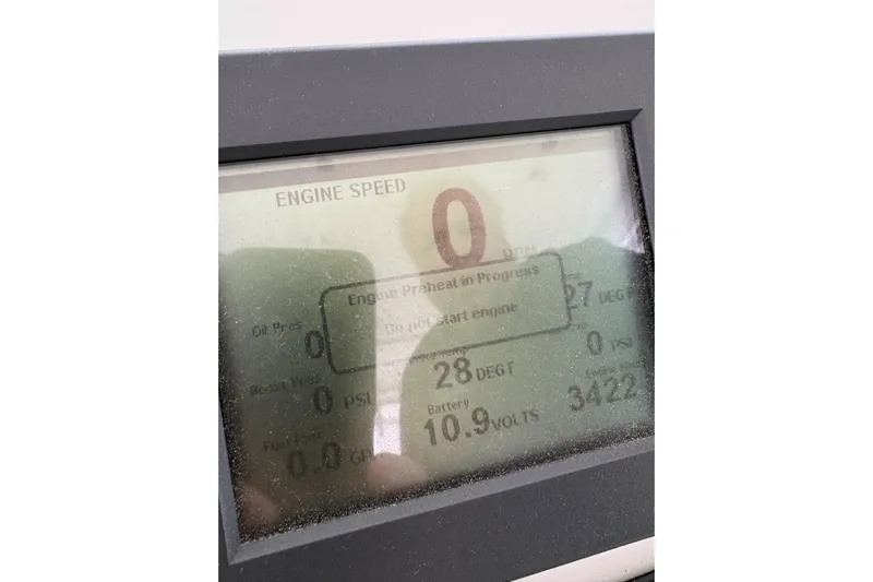  Yacht Photos Pics Display screen of a 2006 Rampage 38 Express showing engine speed and diagnostics.