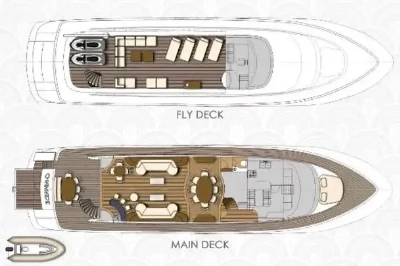  Yacht Photos Pics Deck layout of 1995 Mondomarine 30 yacht, featuring fly and main decks.