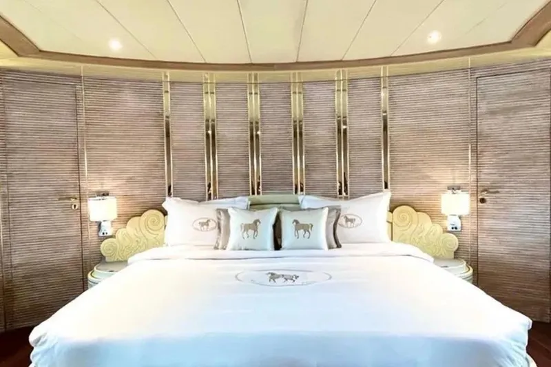  Yacht Photos Pics Luxurious Mondomarine 30 yacht bedroom with elegant decor and plush bedding, 1995 model.