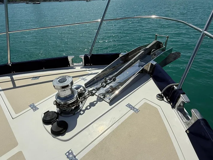 Fiji Yacht Photos Pics Bow of 1999 Grand Banks 49 Eastbay HX yacht with anchor and winch system.