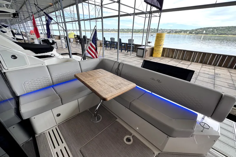 Smooth Yacht Photos Pics Luxurious 2018 Sea Ray Fly 460 yacht interior with elegant seating and wooden table.
