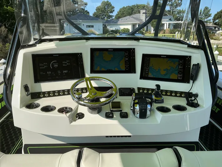 Big Sexy Yacht Photos Pics Helm of 2020 Prowler 42 boat with advanced navigation displays and controls.