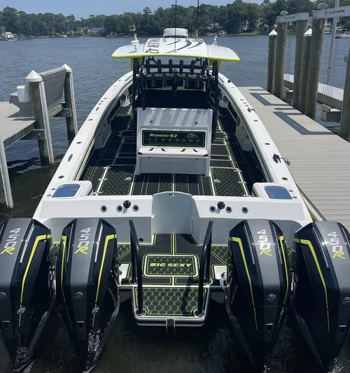 Big Sexy Yacht Photos Pics 2020 Prowler 42 boat with four powerful 450R engines docked by the water.