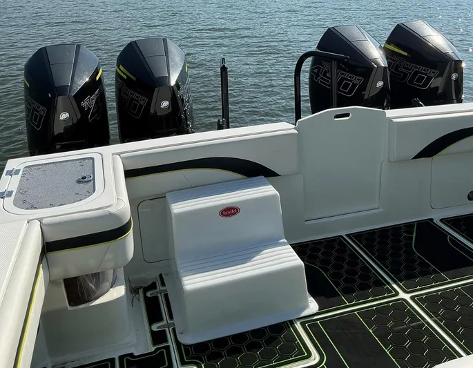 Big Sexy Yacht Photos Pics 2020 Prowler 42 boat with four powerful outboard engines on calm water.