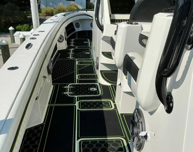 Big Sexy Yacht Photos Pics 2020 Prowler 42 boat interior with sleek seating and modern design elements.