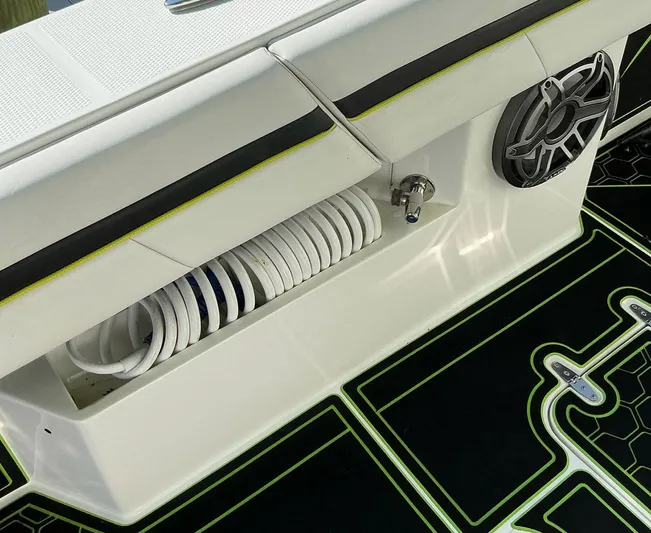 Big Sexy Yacht Photos Pics Prowler 42 boat deck detail with speaker and coiled hose, 2020 model.
