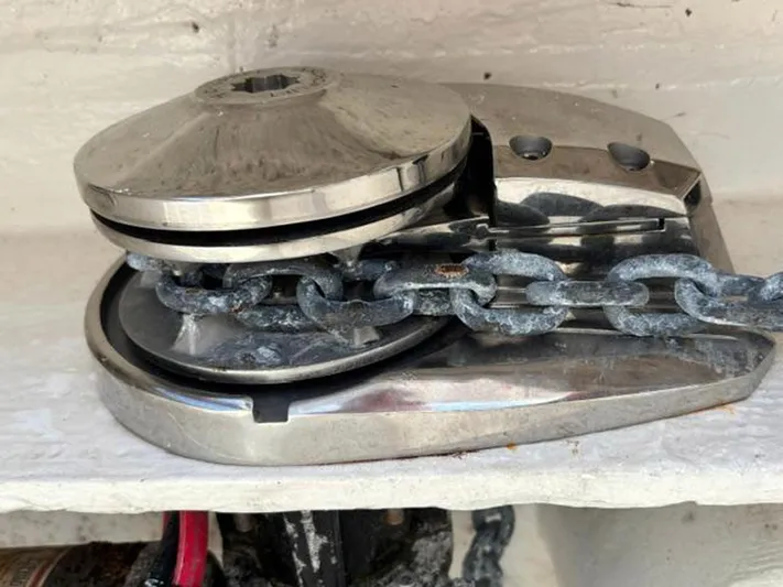 Big Sexy Yacht Photos Pics Anchor windlass on a 2020 Prowler 42 boat, featuring a metal chain.