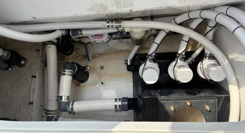 Big Sexy Yacht Photos Pics Bilge compartment of 2020 Prowler 42 boat with hoses and fittings.