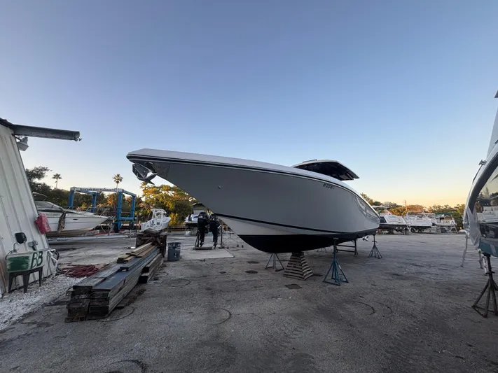  Yacht Photos Pics 2022 Fountain 38 SC boat on dry dock, ready for maintenance.