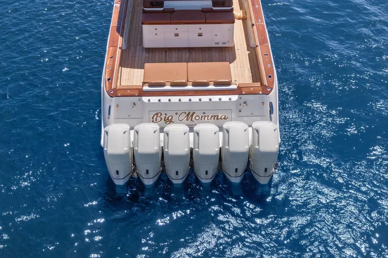Big Momma Yacht Photos Pics 2023 HCB 65 Estrella boat with six engines on blue ocean water.