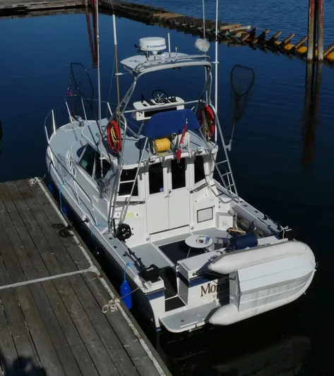 Morning Star V Yacht Photos Pics 1997 Albin 31 Tournament boat docked at a marina, featuring fishing equipment and a small dinghy.