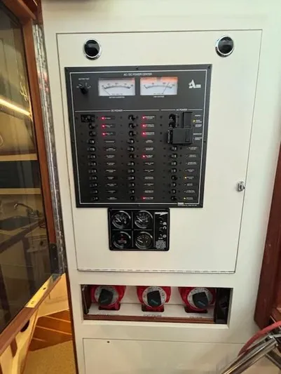 Morning Star V Yacht Photos Pics Electrical panel of a 1997 Albin 31 Tournament boat with gauges and switches.