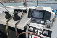 Control panel of a 2018 Leopard 45 catamaran with navigation instruments and winches.