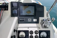 Leopard 45 yacht helm with navigation display and control panel, 2018 model.