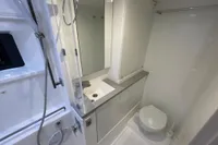 Modern bathroom in 2018 Leopard 45 yacht, featuring sleek fixtures and compact design.